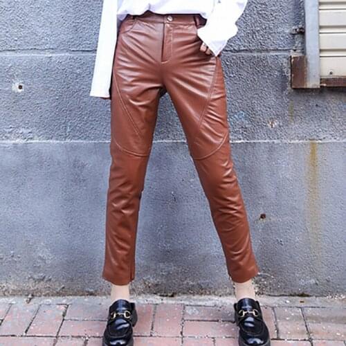 Genuine Size Plus Leather Pants Winter Women Sheepskin Leather Pants Warm High Waist Trousers Women Thick Stretch Femme S-3XL