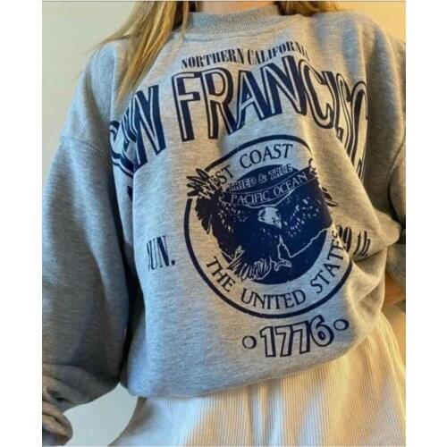 Women Gray San Francisco Printed Sweatshirts 100% Cotton 2021 Fashion Quality Long sleeve Pullovers фуфайка