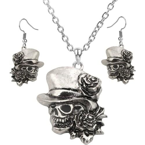 Yacq Womens Skull Punk Jewelry Set - Adjustable Necklace (24+4)inch (60+10)cm + Dangle Earrings - Women Girls Biker Jewelry