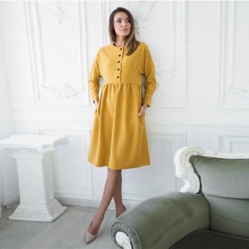 Dabourfeel 2021 Autumn Women O-Neck Long Sleeve Dress Yellow Single Breasted Casual Loose Batwing Sleeve High Waist Office Lady