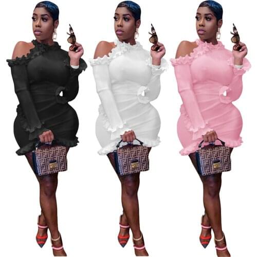 Ruffles Solid Color Long Sleeves Dresses for Womens Slim Sexy Knee Length Mid Waist Round Neck Fashion Wholesale Dropshipping