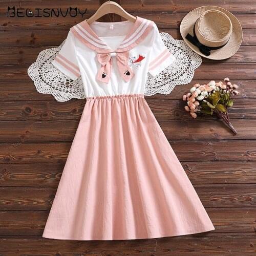 2021 Preppy Style Summer Women Cute Dress Cat And Cat Paw Embroidery Anime Embroidery Dress Pink Kawaii Ruffles Girls Dresses
