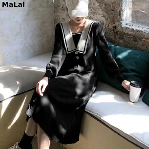 Winter Knitted Dress Women Design Sailor Collar Elegant Office Sweater Dress Korean Autumn New 2021 Female One Piece Dresses