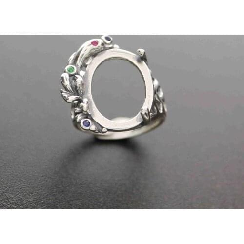 13x18mm oval cabochon bezel dolphin antiqued solid 925 sterling silver adjustable ring settings 1223094