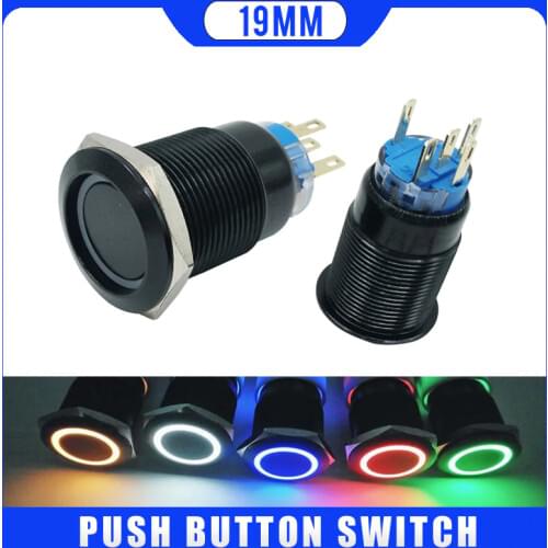 19mm Self-locking Fixation Alumina black push button with LED 3V 5V 12V 24V 48V 220V ring light push button waterproof button