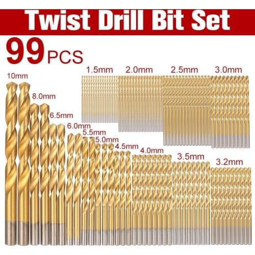 99pcs 1.5-10mm Twist Drills Bits Kit with Case Titanium Nitrided Twist Drill 1.5-3.2mm HSS Titanium Coated Twist Drill Bit Set