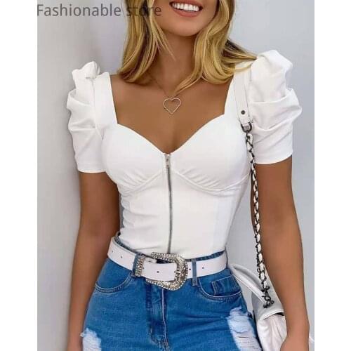 White Women T-shirt V-neck Zipper Shorts Skinny Tops