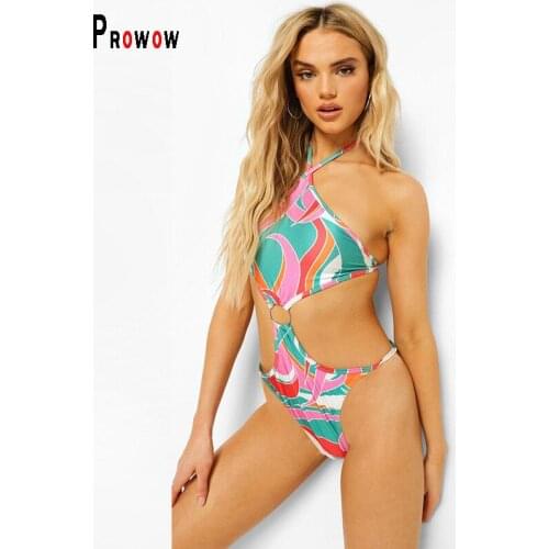 Prowow Sexy Women Bikini Fashion Print One Piece Bodysuits Swimwear 2021 New Summer Backless Lace Up Female Swimsuits Beachwear