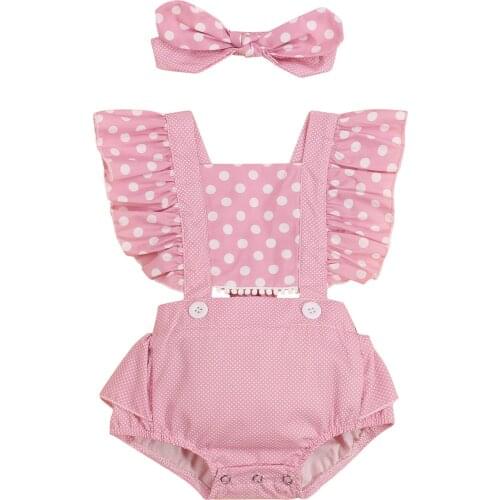 Newborn Baby Girls Sweet Rompers Headband 2pcs Polka Dot Printed Ruffles Short Sleeve Backless Jumpsuits 0-24M
