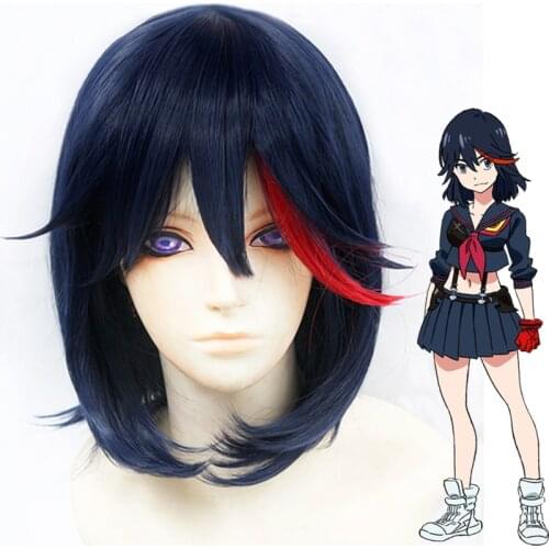 KILL la KILL Matoi Ryuko Short Navy Blue With Red Heat Resistant Hair Cosplay Costume Wig + Free Wig Cap
