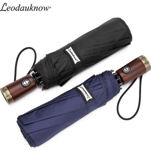 Leodauknow Fully Automatic Three Folding Uv Protection Metal Solid Wood Handle 10k Business Mens Sunny and Rainy Umbrella