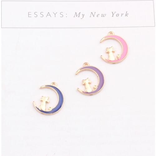 MRHUANG 10PCS Lucky Cat Moon Enamel Pendant Charms Gold Tone Oil Drop DIY Bracelet Floating Charms