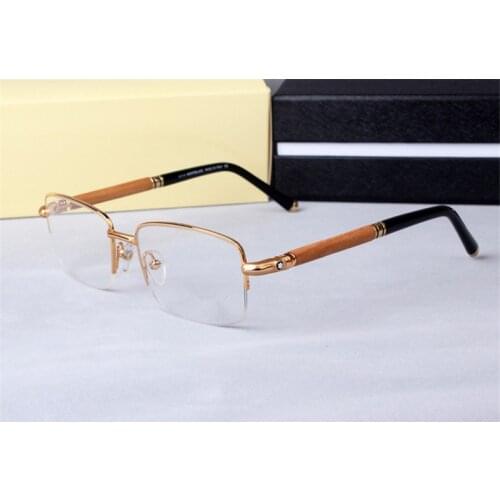 Vintage Wood Temple Glasses Frame Alloy Half Rim Myopia Eyewear Clear Lens Retro Optical Eyeglasses for Men MB534 Original Case