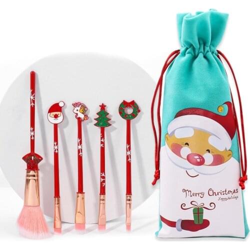5Pcs Christmas Santa Claus Elk Cute Makeup Brush Set Cartoon Shape Makeup Tool Holiday Gift