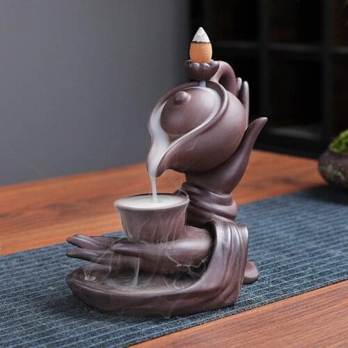 New Ceramic Waterfall Incense Burner Buddha Hand Censer Holder Indoor Smoke Backflow Incense Fountain Buddhist Altar Table Decor