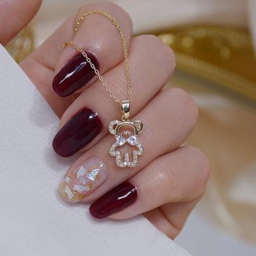 Korea Hot Fashion Jewelry 14K Real Gold Plating Copper Inlaid AAA Zircon Necklace Cute Hollow Bear Womens Clavicle Necklace