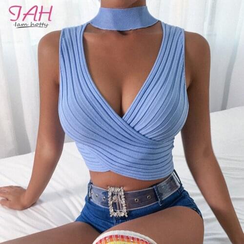 IAMHOTTY Sexy V-Neck Solid Crop Top Women Halter Bandage Tank Top Short Sleeveless Tees Ladies Skinny Bodycon Women Clothes 2020