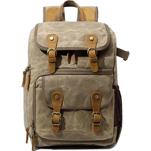 CAREELL C280 Waterproof Batik Canvas & Leather Retro Camera Backpack Casual Traval Bags for Canon Nikon Sony Tripod DSLR