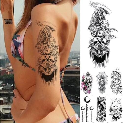 Skull Grim Reaper Hell Temporary Tattoo Sticker Flash Waterproof Tattoos Lion Fox Body Art Arm Fake Tatoo Women Men