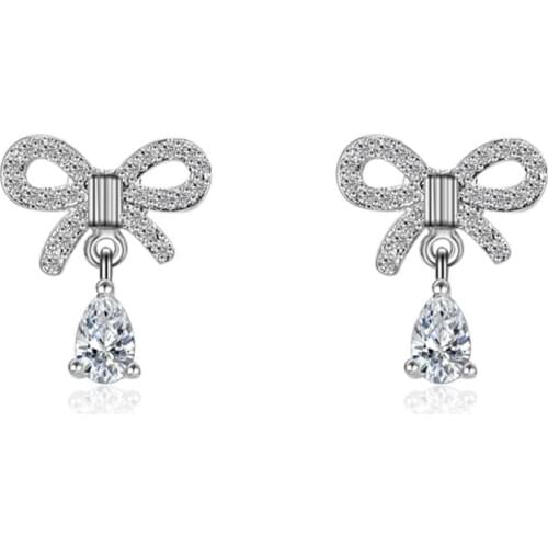 Hot Sale 2017 New Fashion Bowknot Design Shiny Zircon 925 Sterling Silver Stud Earrings for Women Girls Jewelry Birthday Gift