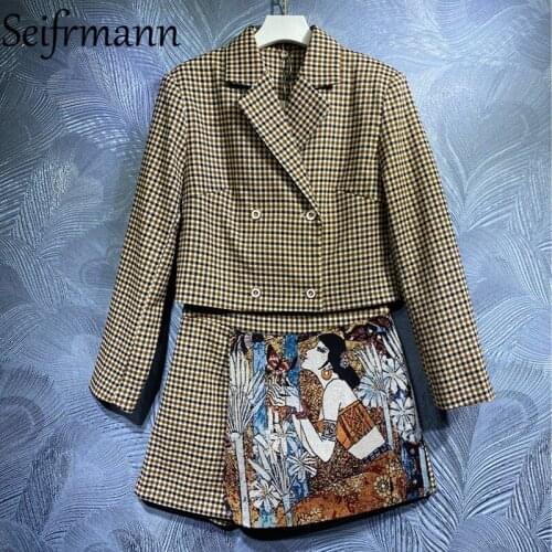 Seifrmann New 2021 Autumn Women Fashion Runway Skirt Suit Long Sleeve Double Breasted Tops + High Waist Patchwork Skirts Sets