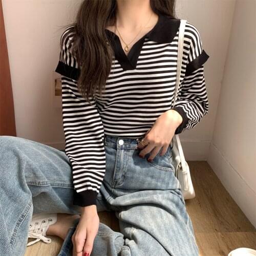 2021 Spring and Autumn New Polo Collar Contrasting Striped Long Sleeve Knit Sweater Loose and Thin Top Women