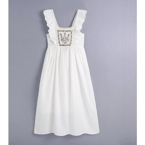 Pleated Floral Embroidery Midi Dress Women Folds Straps Square Collar Sleeveless Bow Tied Backless Long Dresses Sweet Vestidos