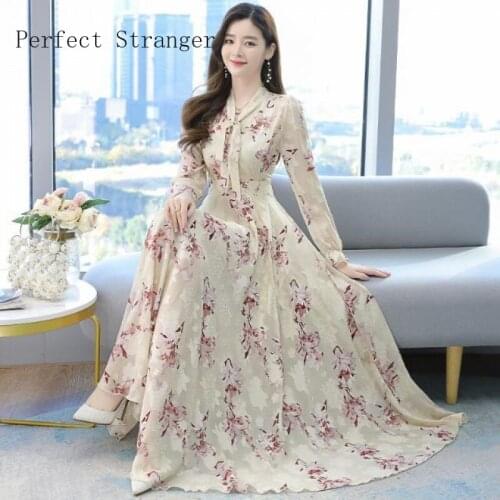 2021 Spring Autumn New Arrival Plus Size S-4XL Korean Bow Collar Jacquard Long Sleeve Woman Chiffon Long Dress