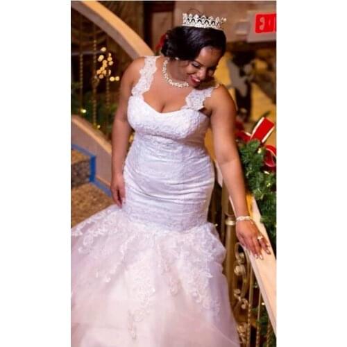 E JUE SHUNG African Mermaid Wedding Dresses Regular Straps Plus Size Wedding Dress Appliques Lace Up Sleeveless Bridal Gowns