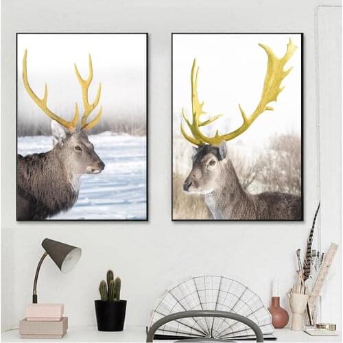 Gold Elk Deer Forest Landscape Wall Art Canvas Painting Nordic Posters Prints Wall Canvas Pictures For Living Room Home Decor