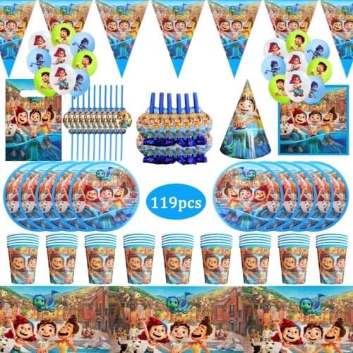 119pcs Disney Film Luca Kids Birthday Party Decorations Blue Theme Disposable Tableware Set Paper Plate Baby Shower Supplies