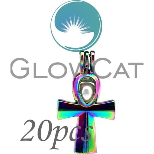 20x CC677 Rainbow Color Egypt Anka Cross Stone Beads Cage Jewelry Making Essential Oil Diffuser Pearl Cage Locket Pendant