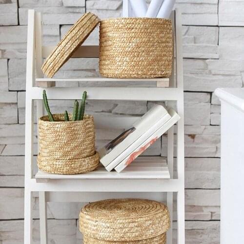 3 Pcs/Set Handmade Straw Woven Storage Basket With Lid Snack Organizer Storage Box Laundry Baskets Rattan Storage Flower Basket