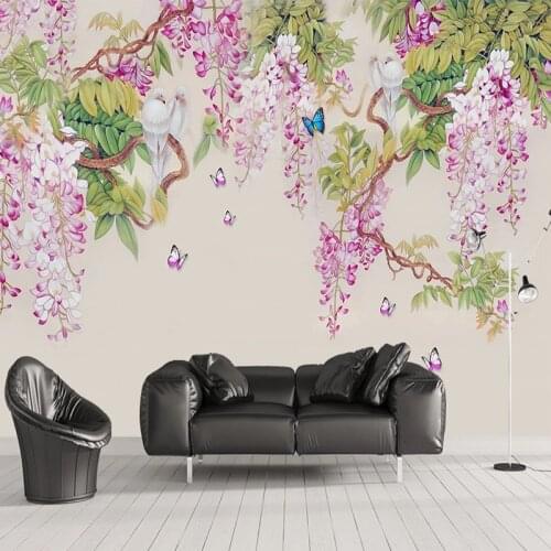 Custom 3D Mural Wallpaper Classic Hand Painted Wisteria Flower Butterfly Wall Painting Living Room TV Sofa Dining Room Wallpaper