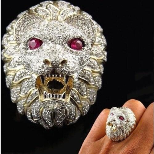 FDLK Fashion Mens Punk Style Lion Head Personality Ring Gold Color CZ Zircon Ring Party Wedding Ring Accessories Boyfriend Gift