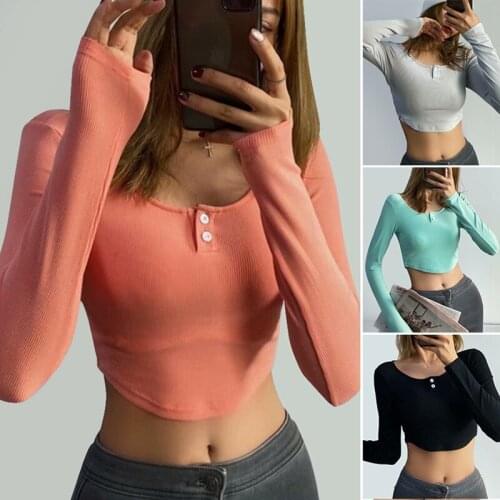 Kili Womens Curved Hem Long Sleeve Round Neck Slim Womens Two Button T-Shirt