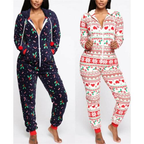 Family Matching Women Holiday Romper Christmas Pyjamas Xmas Nightwear Jumpsuits Long Sleeve Hooded Ladies Winter Warm Homewear