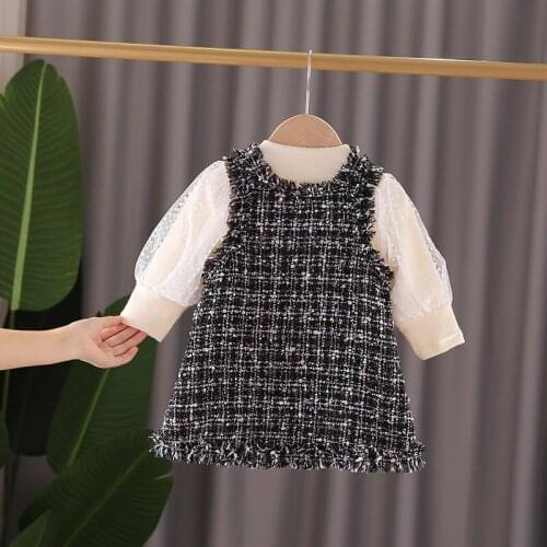 Toddler Girls Clothing Sets Fashion Korean Mesh Long Sleeves Shirt Plaid Strap Dress 2pcs Kids Clothes 1 2 3 4 Years Girl Suit