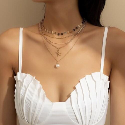 Multilayer Starfish Pearl Charm Necklace For Women Silver Color Star Pendant Necklaces Bohemia Trendy Sequins Clavicle Chain