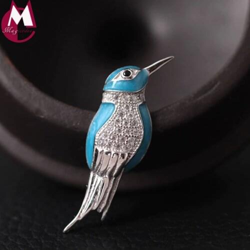 DIY Retro High Quality Blue Bird Brooch 100% Real 925 Sterling Silver Brooch Enamel Animal Pins Men Women Creative Jewelry YX03
