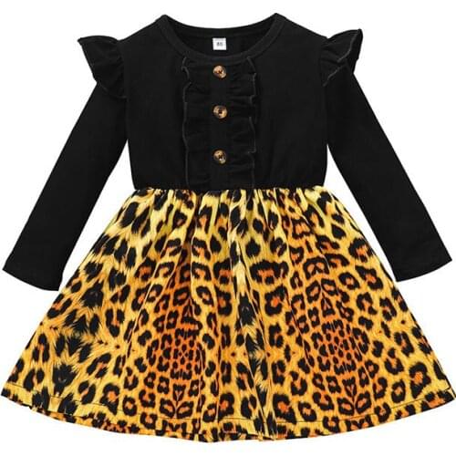 2021 New Child Baby Girl Dress Black Tops Leopard Stitching Skirt Autumn Fashion Girls Clothes 18M-6Y