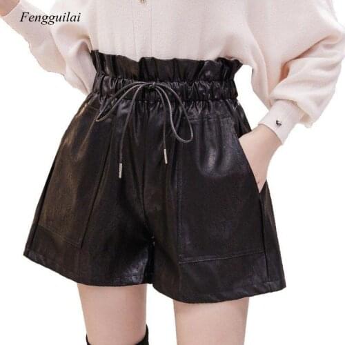 New High Waist Women Flower Wide Leg Leather Shorts Autumn Winter Plus Size Korean Loose Street Womens Shorts