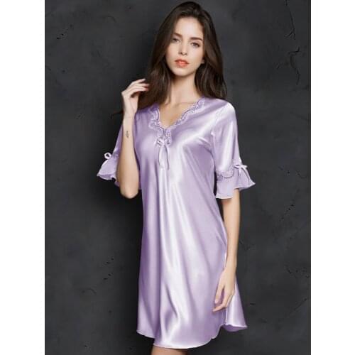 Fashion Sleepdress Korean Version Ice Silk Short Sleeve Lace Skirt Home Nighty Sexy Sleepwear Women Silk Lingerie Sleeping Dress