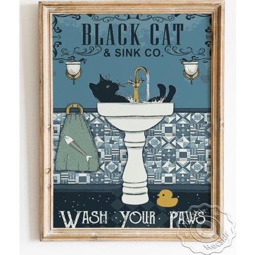 Black Cat And Sink Wash Your Paws Poster, Animal Lovers Vintage Art Prints, Shower Room Pet Wall Picture, Signs For Home Decor