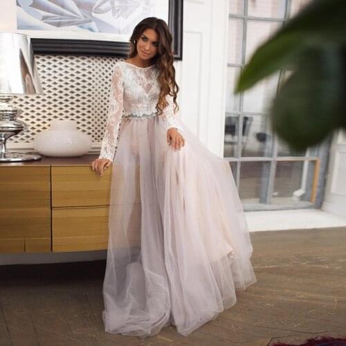 Modest Tulle Skirt Long Sleeves Lace Blush Wedding Dress A-line Sexy New Bridal Dress Vestido De Noiva Simples