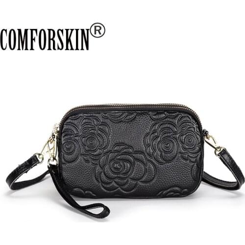 COMFORSKIN Genuine Leather Women Messenger Bag Embossing Flower Small Shoulder Bag Three Zipper Lining Cross-body Bag For Women
