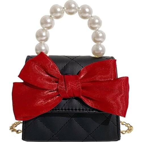 Fashion Cute Bow Elegant Pearl Chain Portable Shoulder Messenger Crossbody Bag Female Mini Party Handbag Evening Clutch Bag