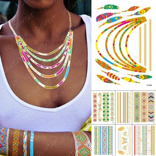 Waterproof Temporary Tattoo Sticker Metal Gold Silver Bracelet Feather Jewelry Flash Tatoo Henna Arm Painted Body Art Fake Tatto