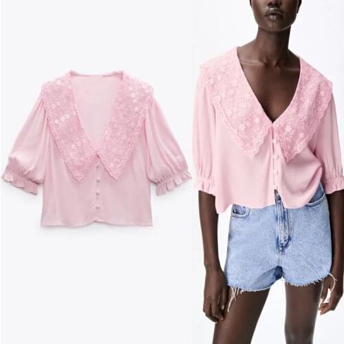 Za 2021 Summer Pink Cropped Embroidered Blouse Women Short Puff Sleeve Lapel Top Feminine Vintage Button Up Embroidery Shirt