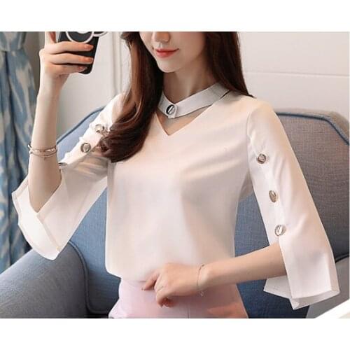 Women blouse 2021 ladies tops chiffon blouse Beading Solid white shirt clothes shirts Three Quarter V-Neck